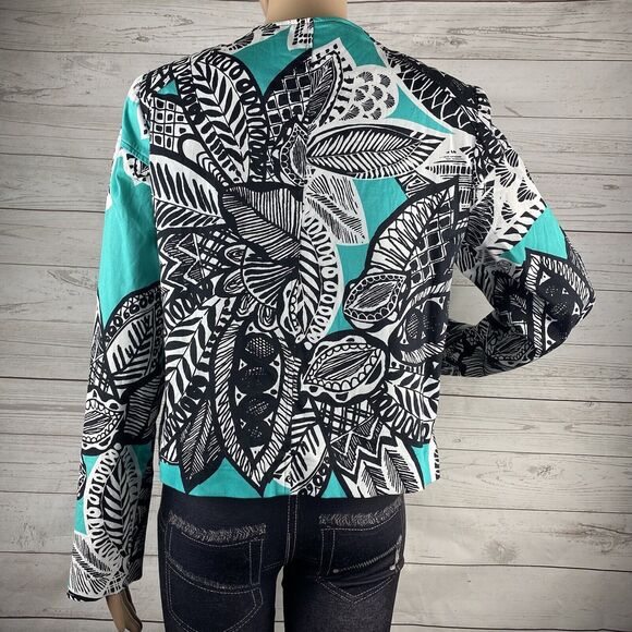 Chloe Madison Jacket Teal Black White Abstract Floral Print Full Zip - Picture 9 of 12